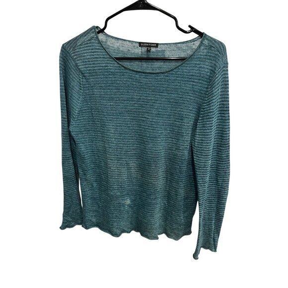 Eileen Fisher Striped Linen Sweater Blue Sz Medium Long Sleeve Pullover Cozy - Picture 1 of 11